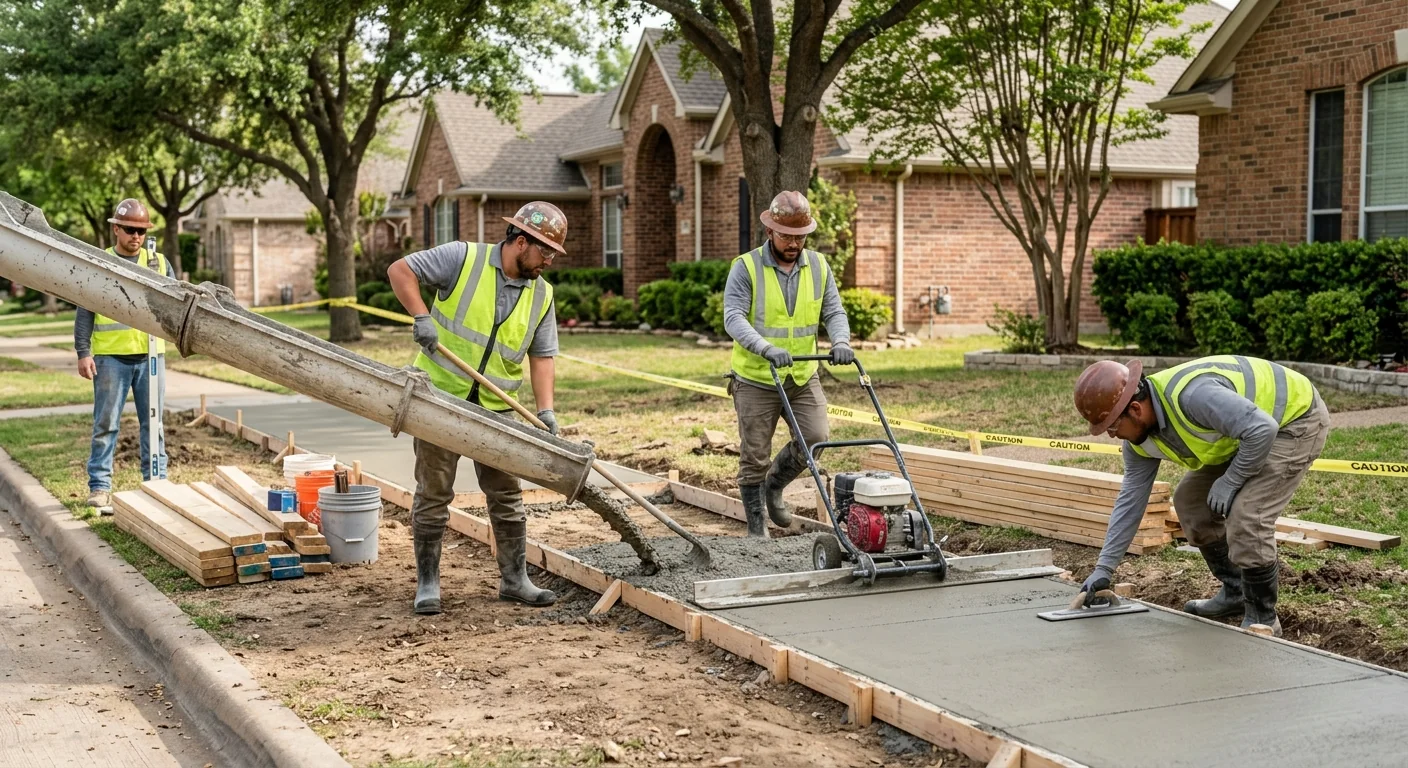 Concrete crew inspecting a freshly poured driveway slab in Coppell