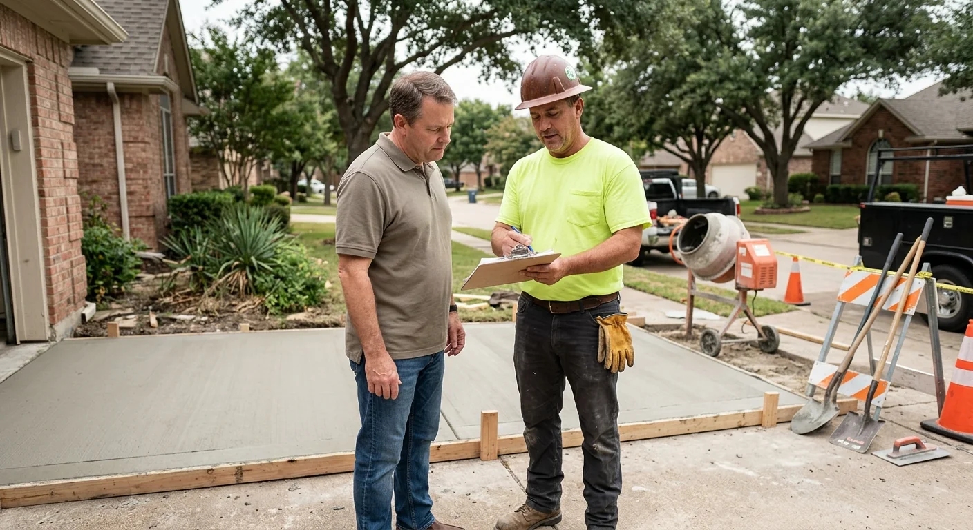 Homeowner reviewing written concrete estimate with a contractor in Coppell