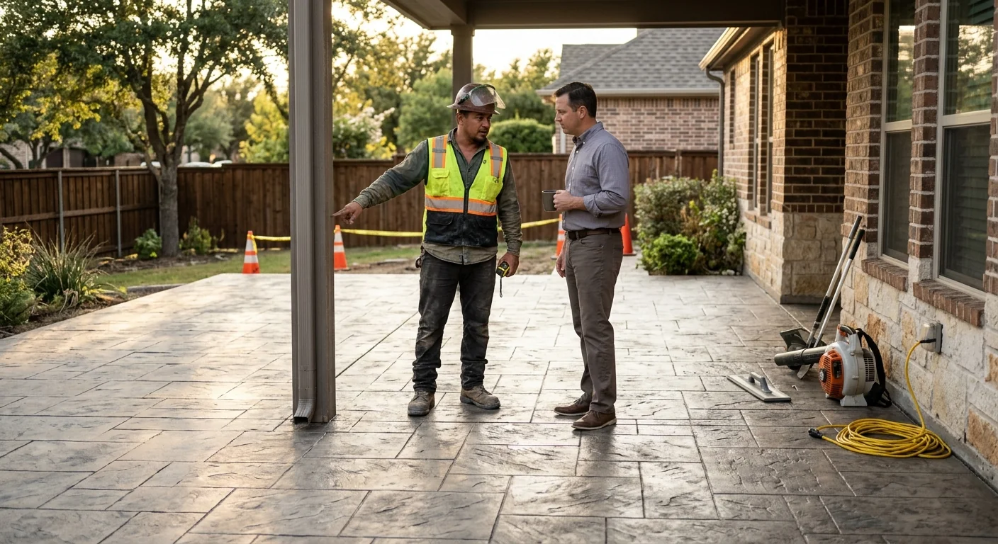 Finished stamped concrete patio during a post-job walkthrough in Coppell