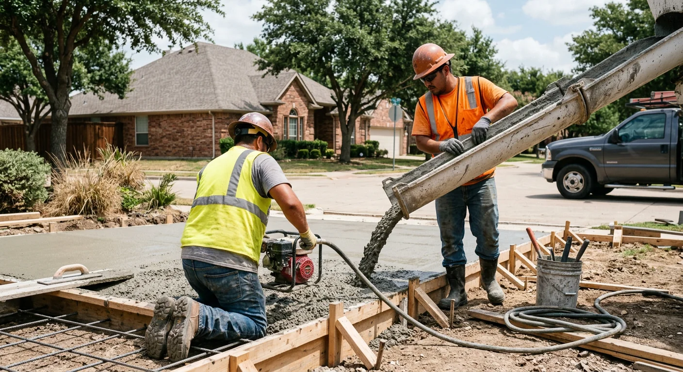 Contractor measuring a residential concrete slab area during a cost assessment in Coppell