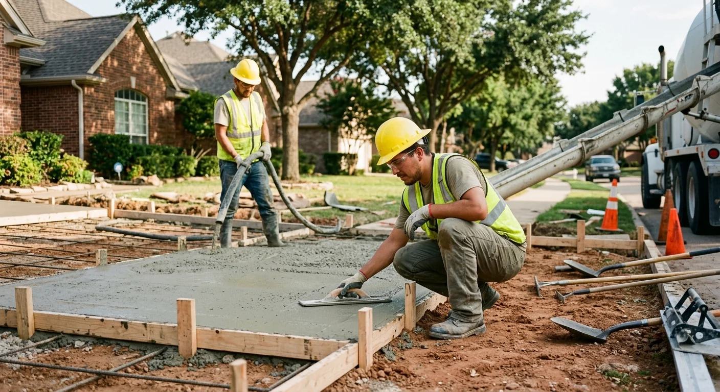 Concrete contractor crew finishing a freshly poured driveway slab in Coppell
