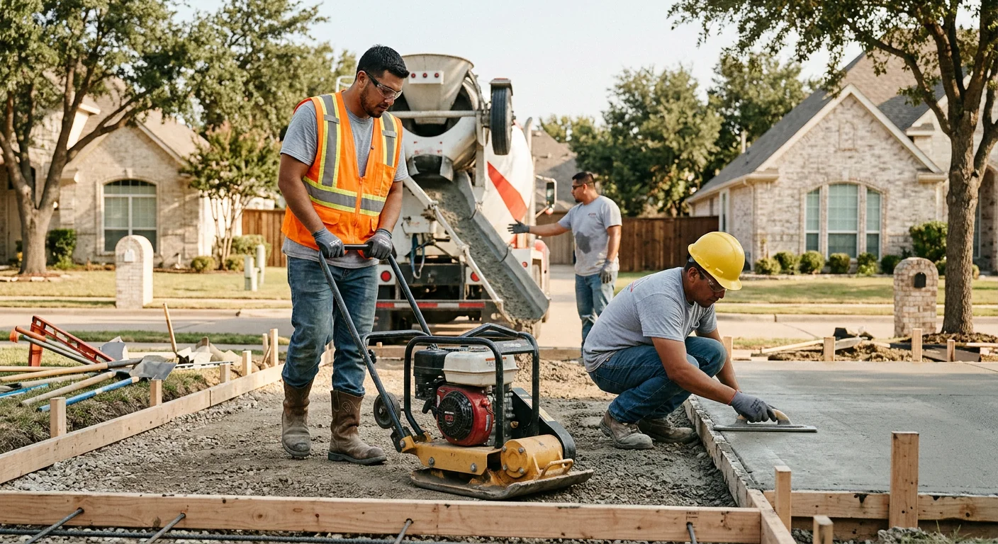 Concrete crew in protective gear finishing a freshly poured driveway slab in Coppell