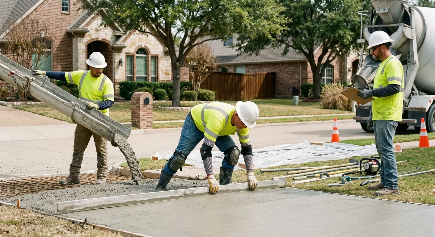 Trained concrete crew finishing and curing a freshly poured slab at a Coppell property