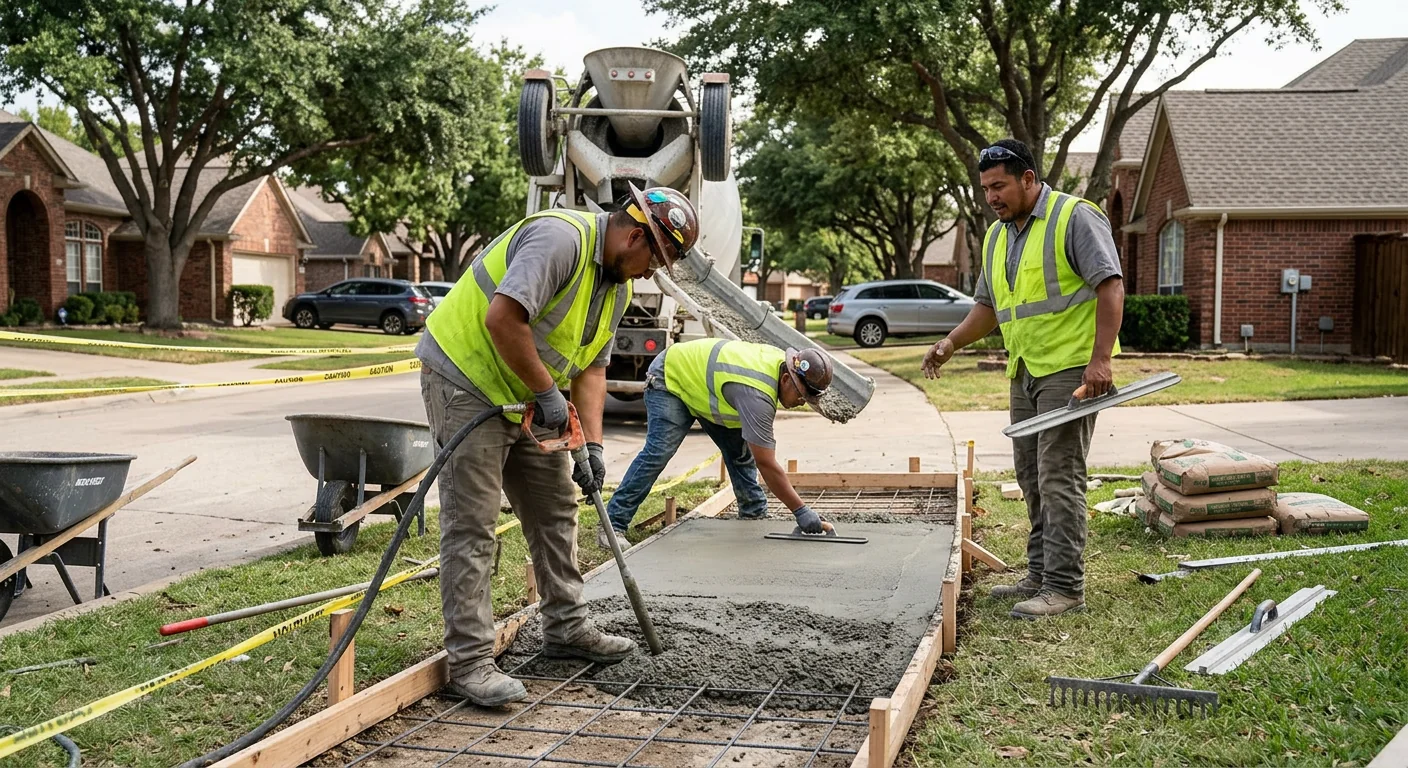 Freshly poured residential concrete driveway with clean control joints in Coppell