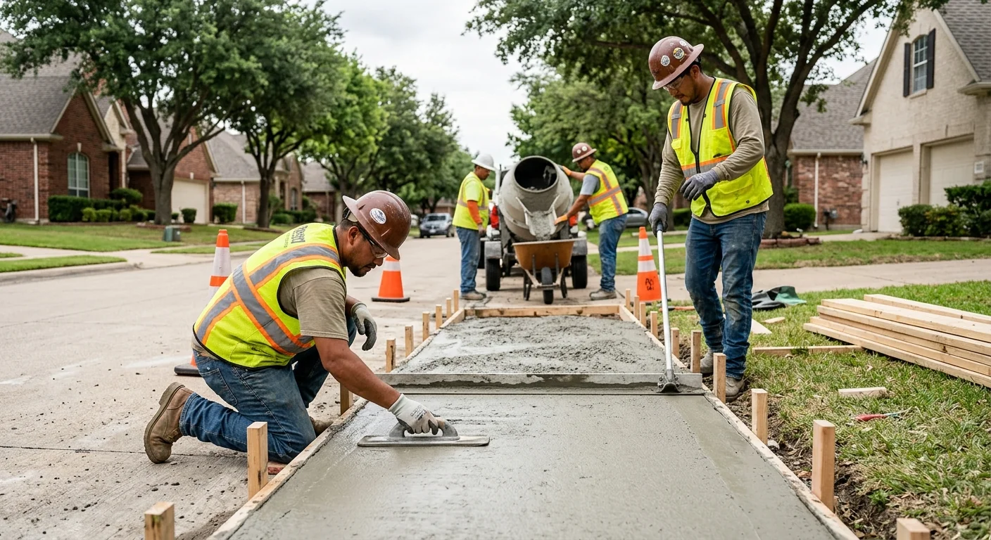 Trained crew finishing a reinforced concrete driveway slab with control joints in Coppell