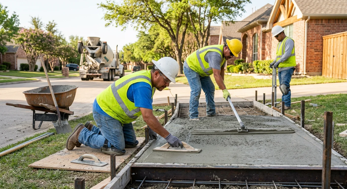 Contractor measuring a prepared concrete slab site before installation in Coppell