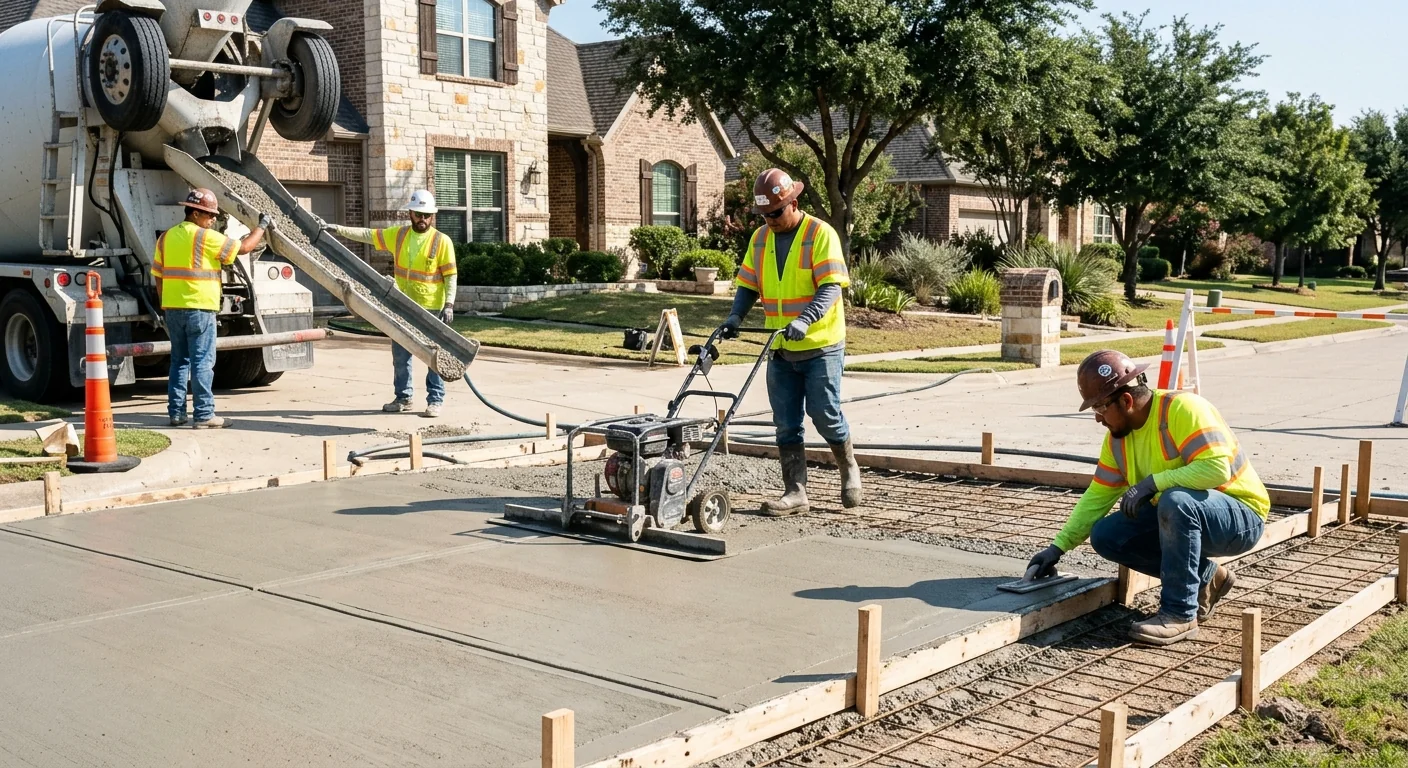 Crew placing and finishing a freshly poured concrete driveway at a Coppell home