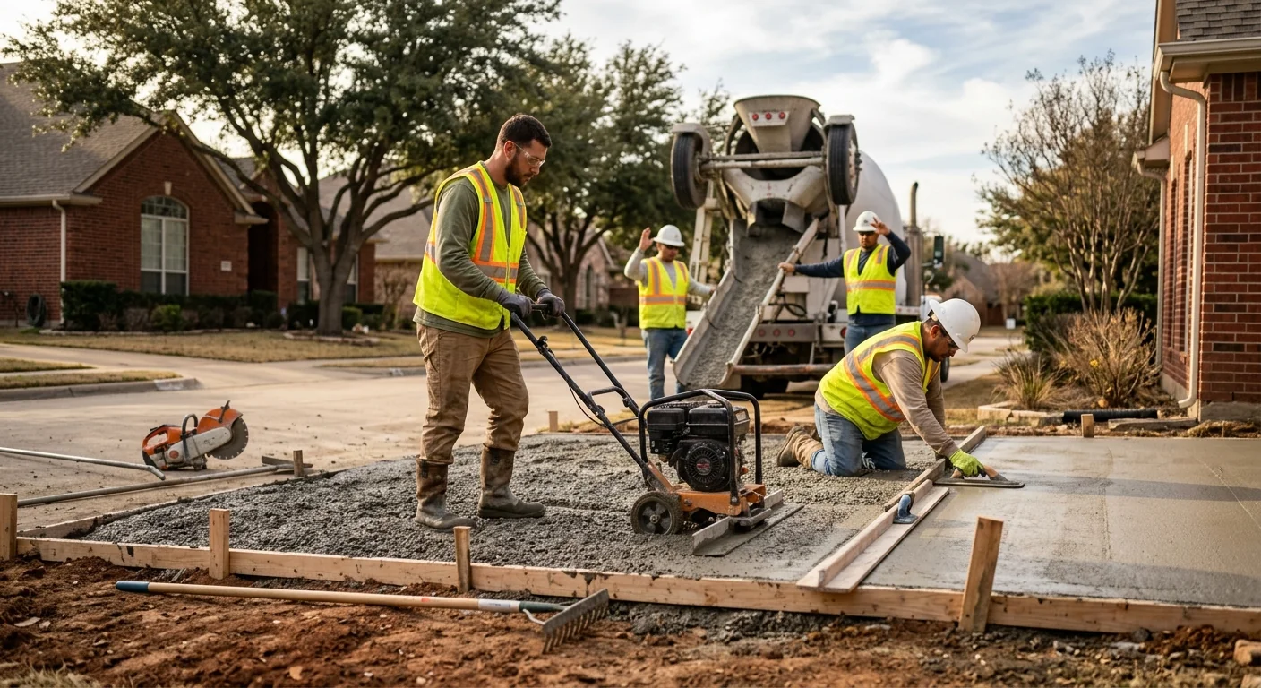 Trained crew placing and finishing a reinforced concrete slab during installation in Coppell