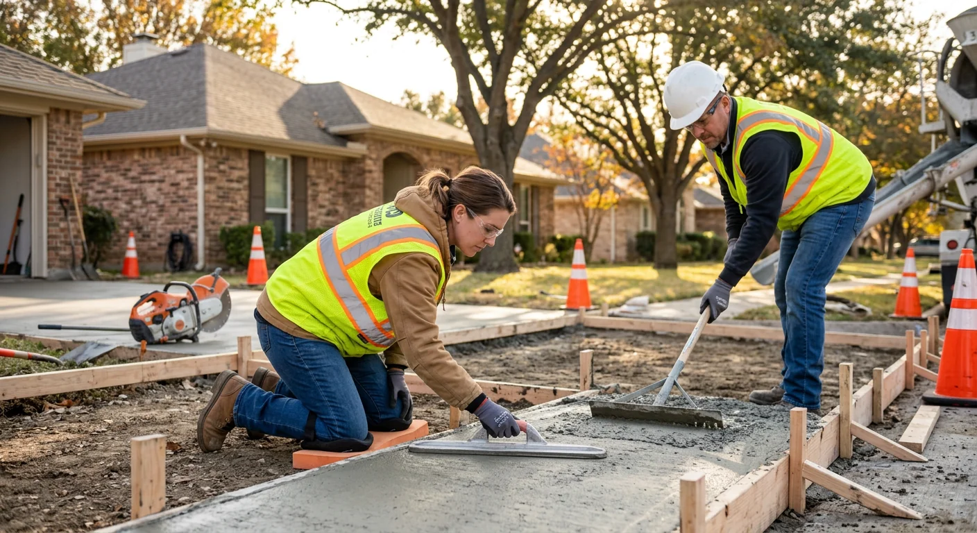 Freshly poured backyard concrete patio being finished at a Coppell home