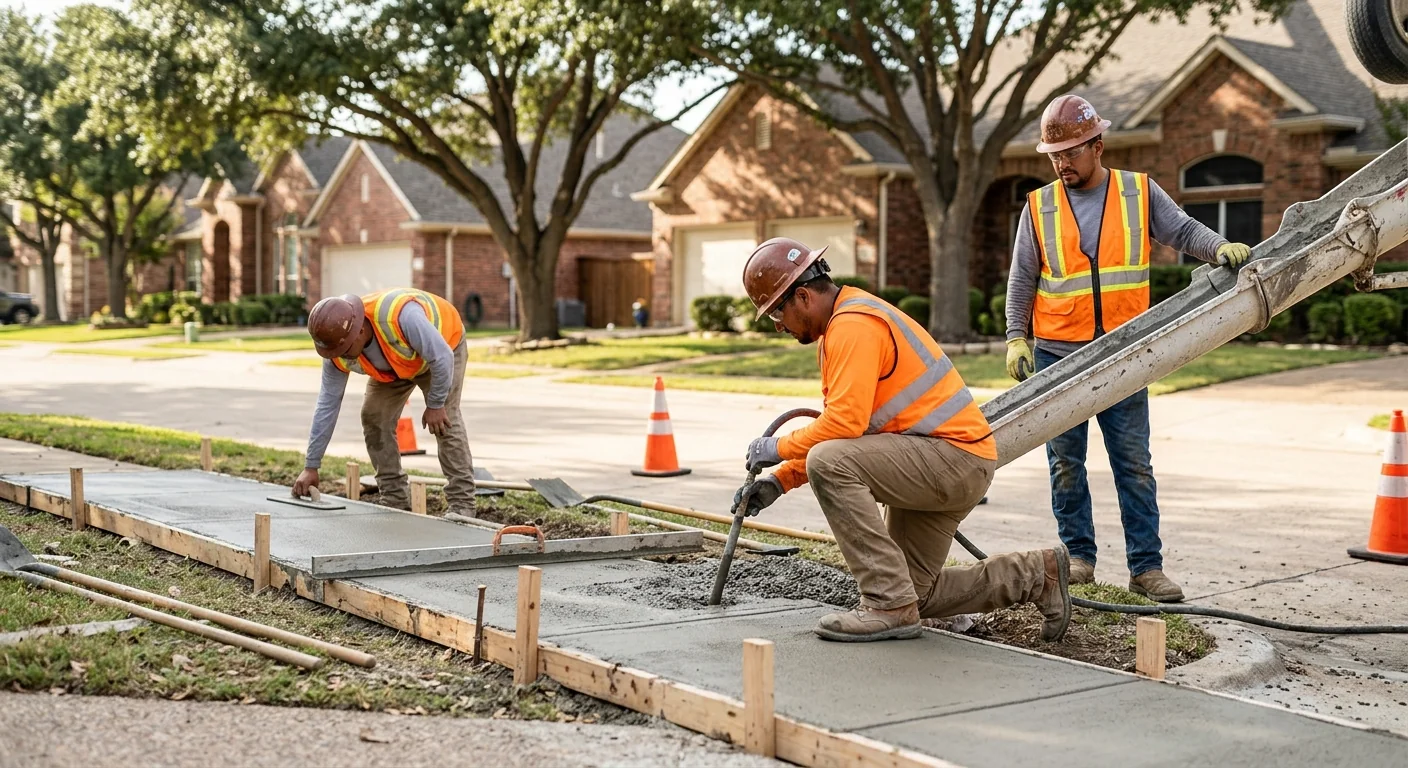 Concrete crew smoothing and jointing a new residential patio slab in Coppell, Texas