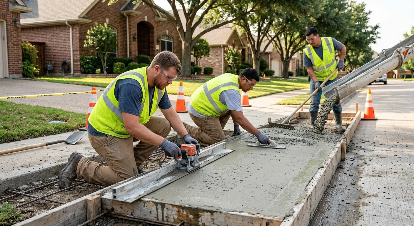 Trained concrete crew finishing a slip-resistant pool deck surface at a Coppell home with careful edge work