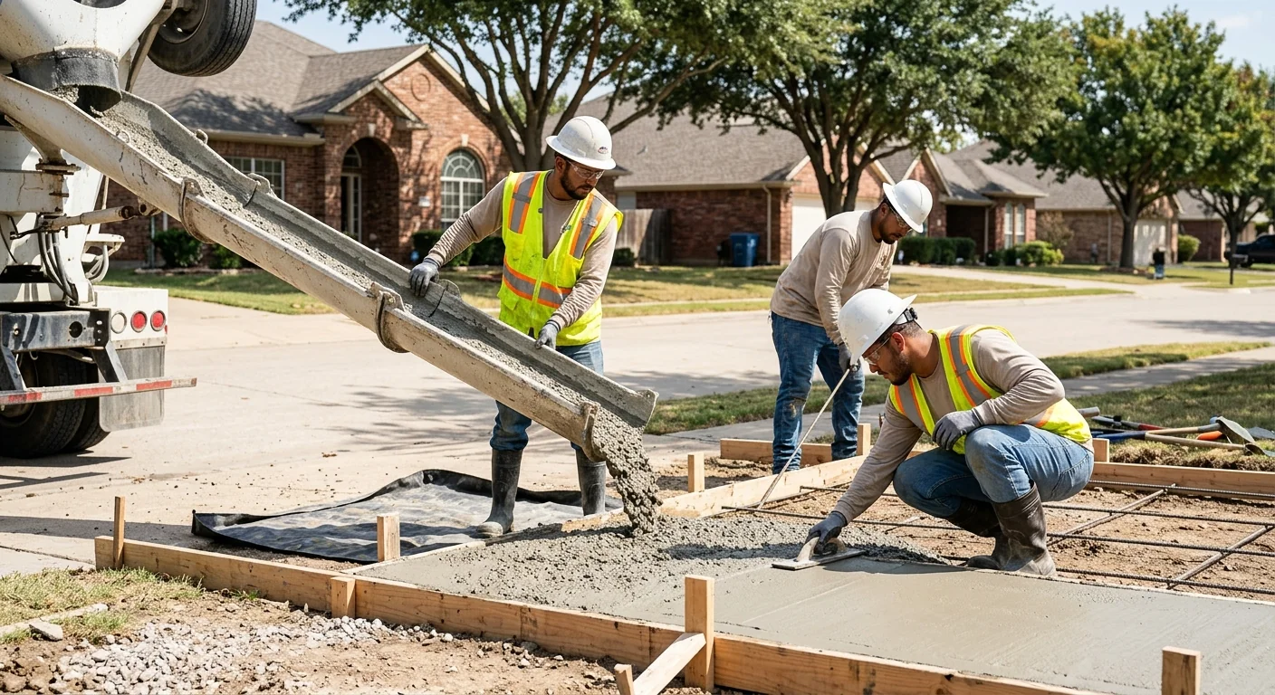 Contractor inspecting cracked driveway slab before concrete repair in Coppell