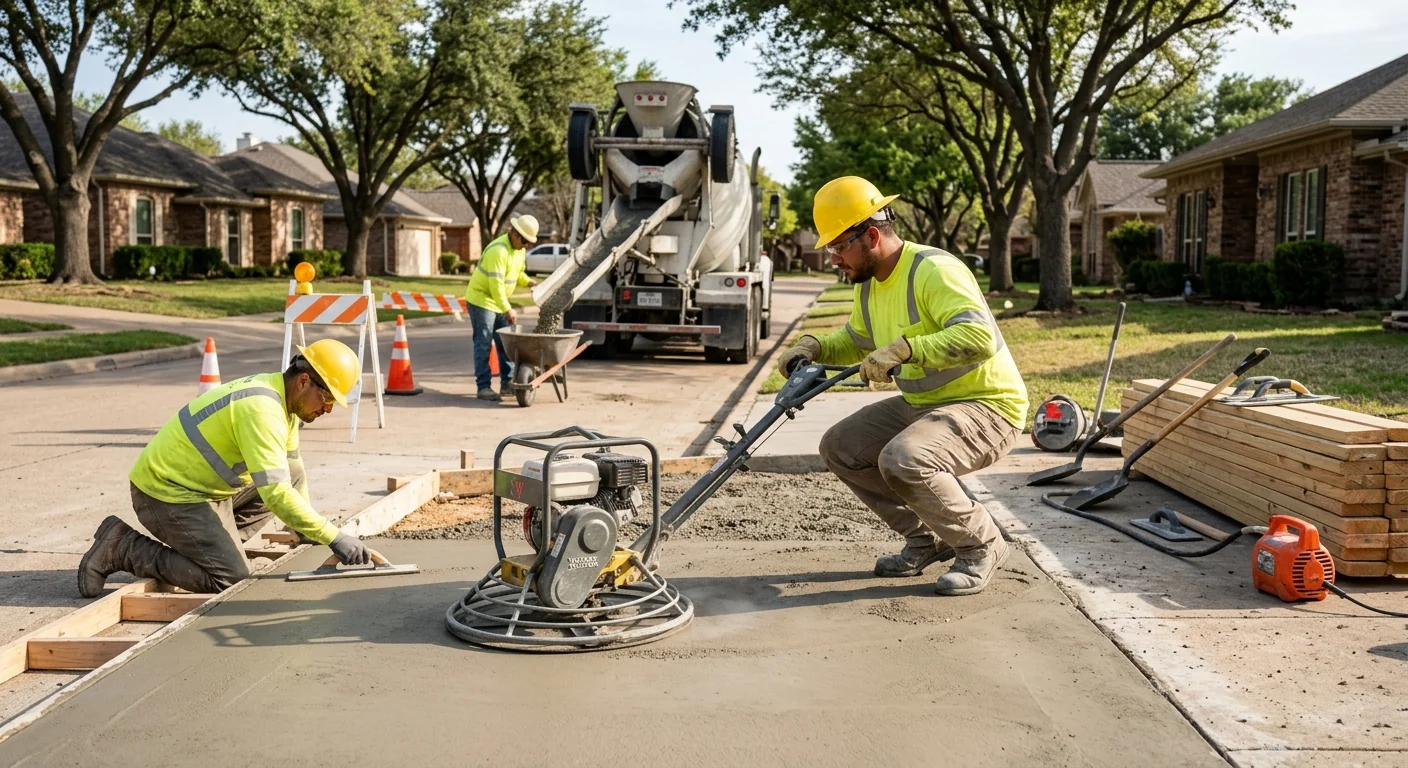 Technician inspecting a cracked concrete slab before repair on a Coppell property