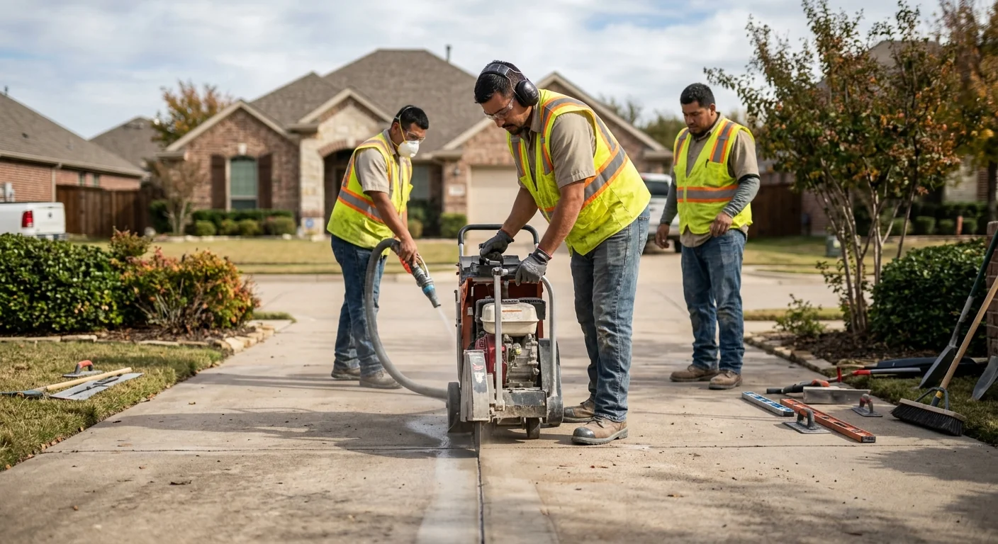 Contractor measuring a cracked driveway slab for concrete replacement in Coppell