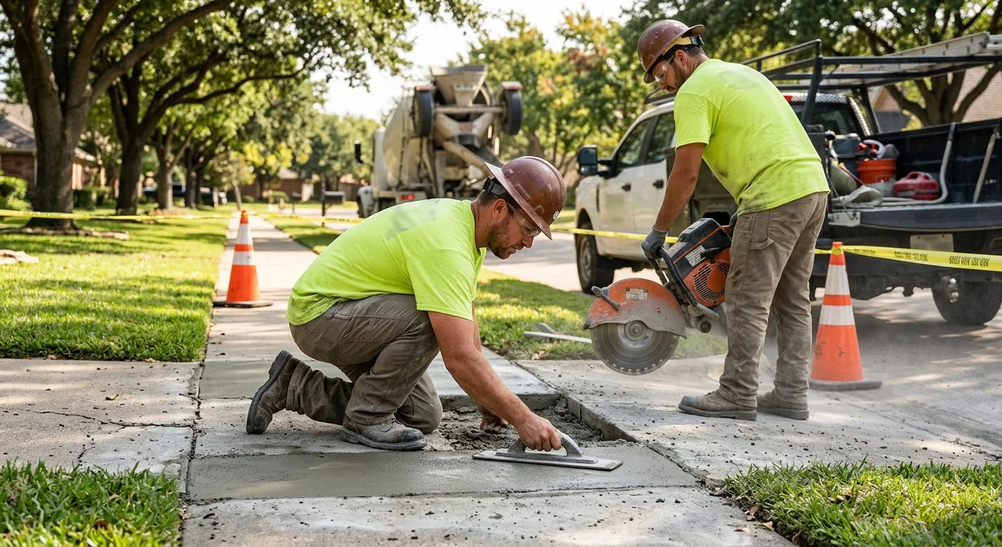 Crew pouring a freshly reinforced replacement concrete slab at a Coppell property