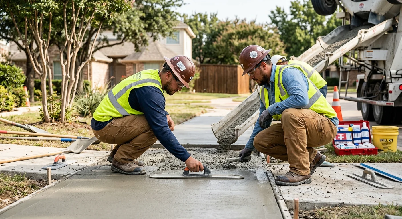 Trained crew placing reinforcement and preparing a compacted base for a replacement slab in Coppell