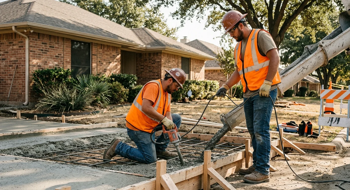Contractor measuring a new concrete sidewalk pour along a Coppell residential walkway