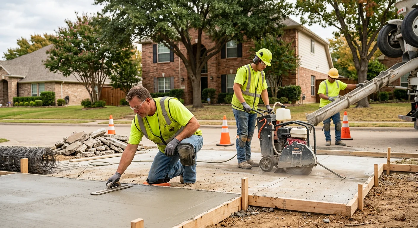 Freshly finished residential concrete sidewalk along a Coppell home walkway