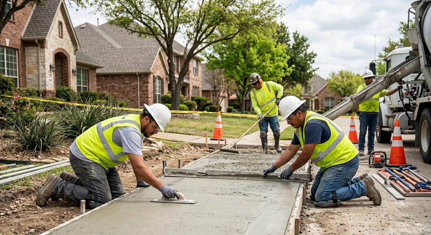 Trained crew finishing a freshly poured concrete sidewalk with control joints in a Coppell neighborhood