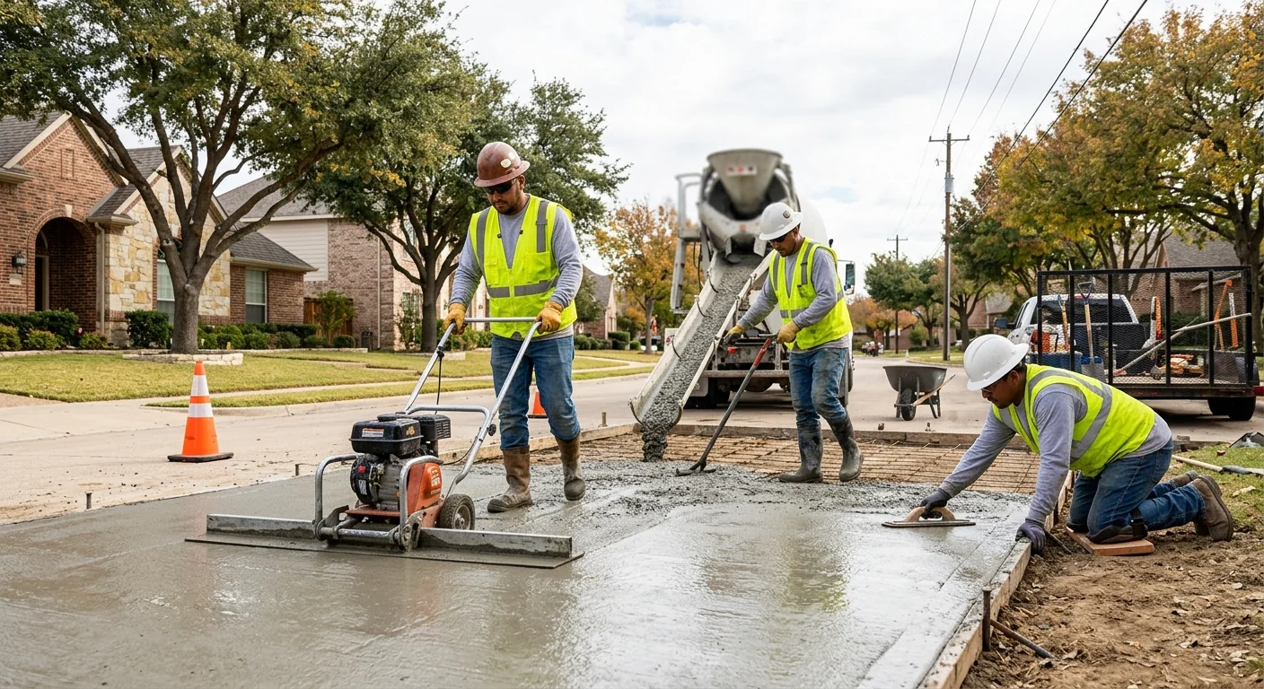 Freshly poured concrete slab with reinforcement mesh at a Coppell home site