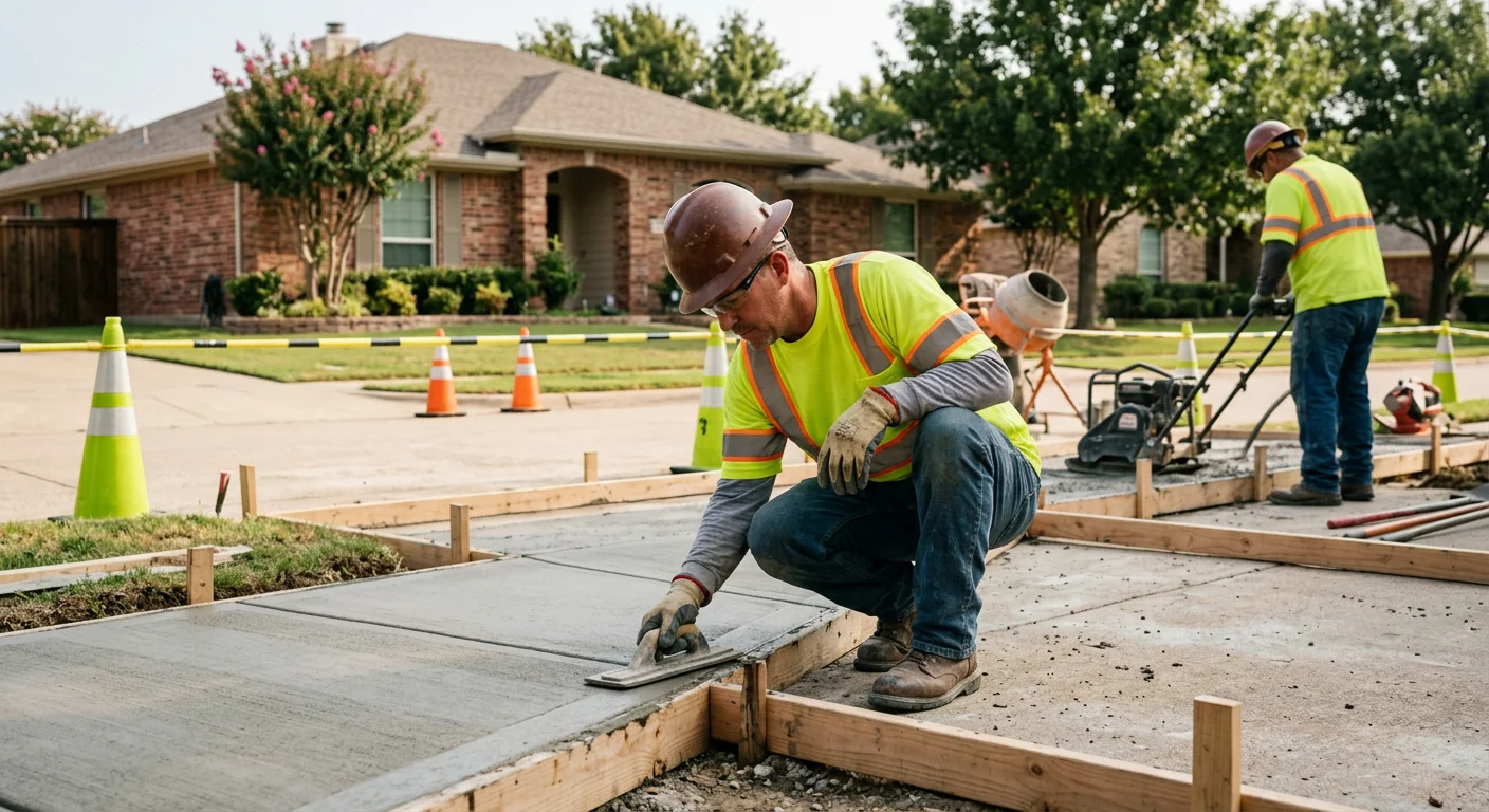 Freshly poured concrete slab curing at a Coppell residential job site