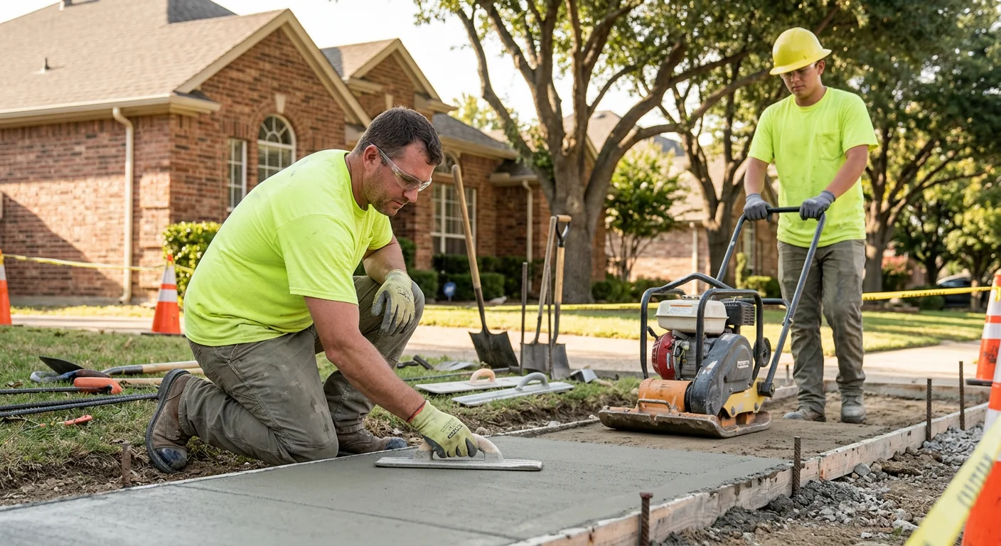 Freshly poured reinforced concrete slab being screeded level at a Coppell property