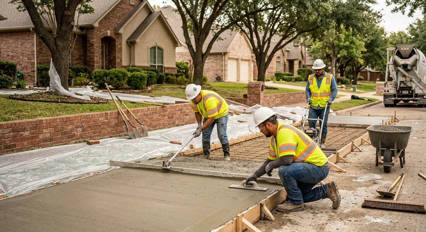 Trained crew finishing a reinforced concrete slab with careful edge work on a Coppell property