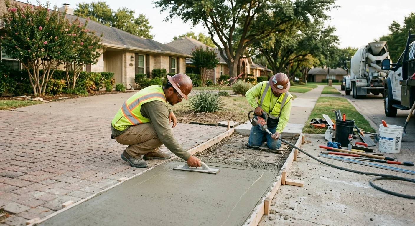 Stamped concrete patio with decorative pattern being finished at a Coppell home