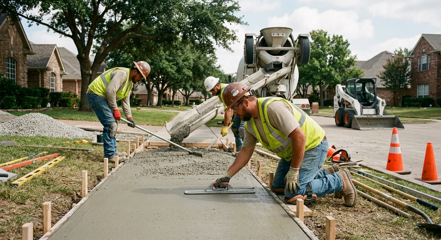 Trained crew stamping and finishing a decorative concrete surface at a Coppell property